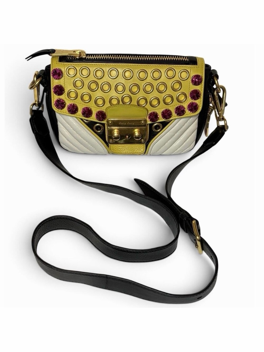 Miu Miu Yellow Leather Crystal Grommet Flap Crossbody Black White Quilted Panels
